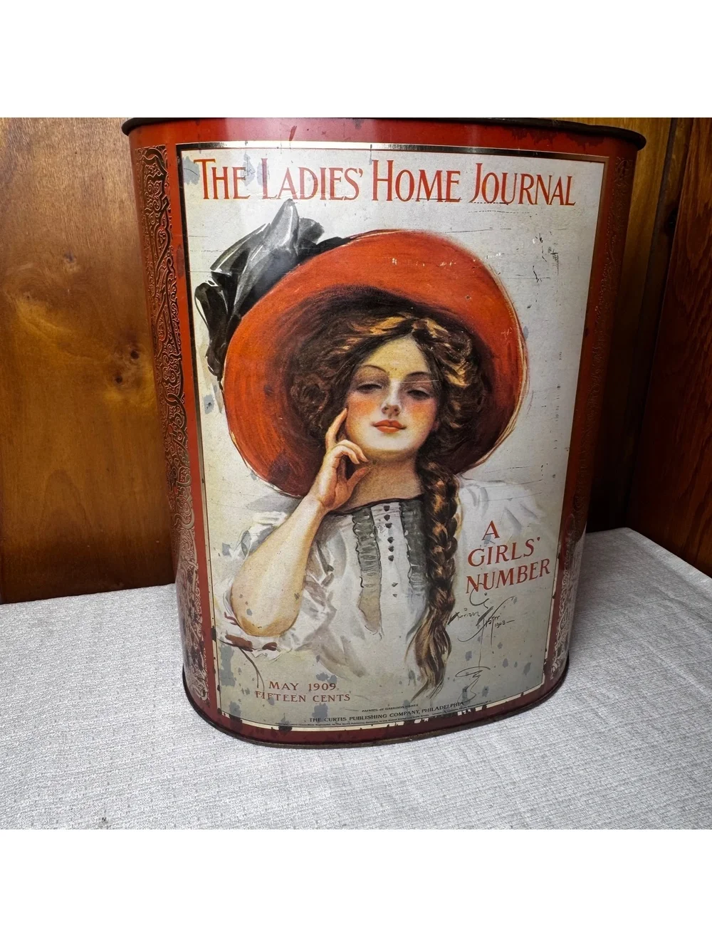 Vintage Cheinco Ladies Home Journal Wastebasket, 1909 Girl’s Number Metal Can